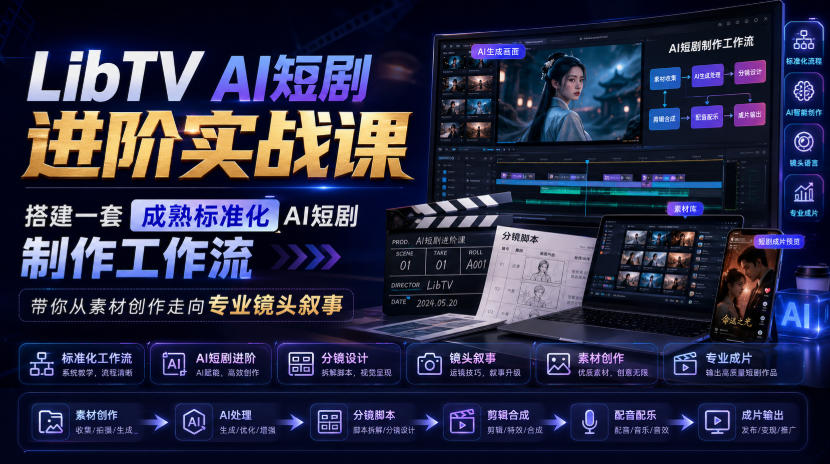 LibTV AI短剧进阶实战课,搭建一套成熟标准化AI短剧制作工作流,带你从素材创作走向专业镜头叙事(更新)-卿云社
