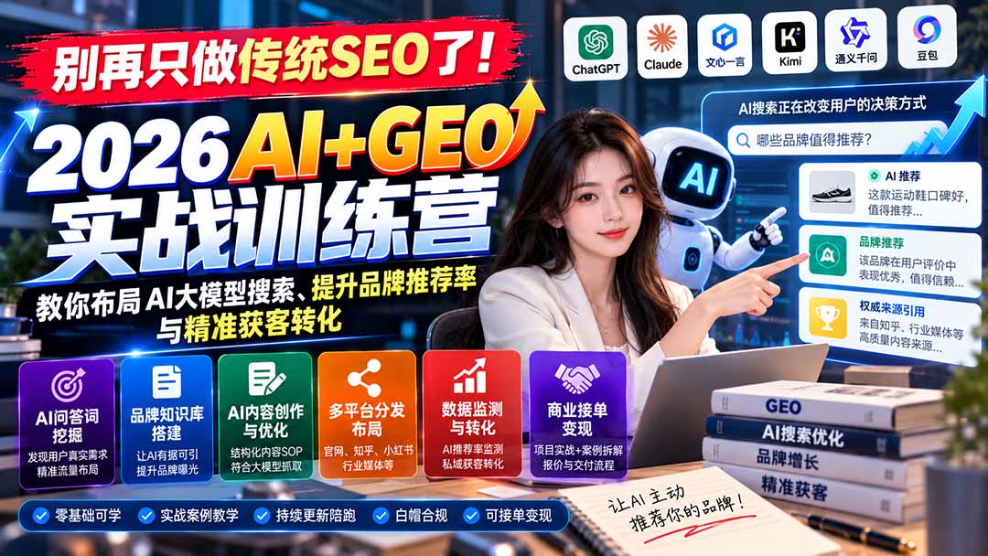 别再只做传统SEO了!《2026AI+GEO实战训练营》教你布局AI大模型搜索、提升品牌推荐率与精准获客转化-卿云社