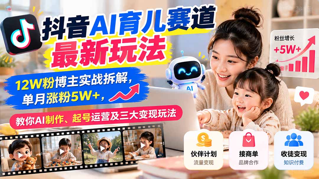 抖音AI育儿赛道最新玩法:12W粉博主实战拆解,单月涨粉5W+,教你AI制作、起号运营及三大变现玩法-卿云社