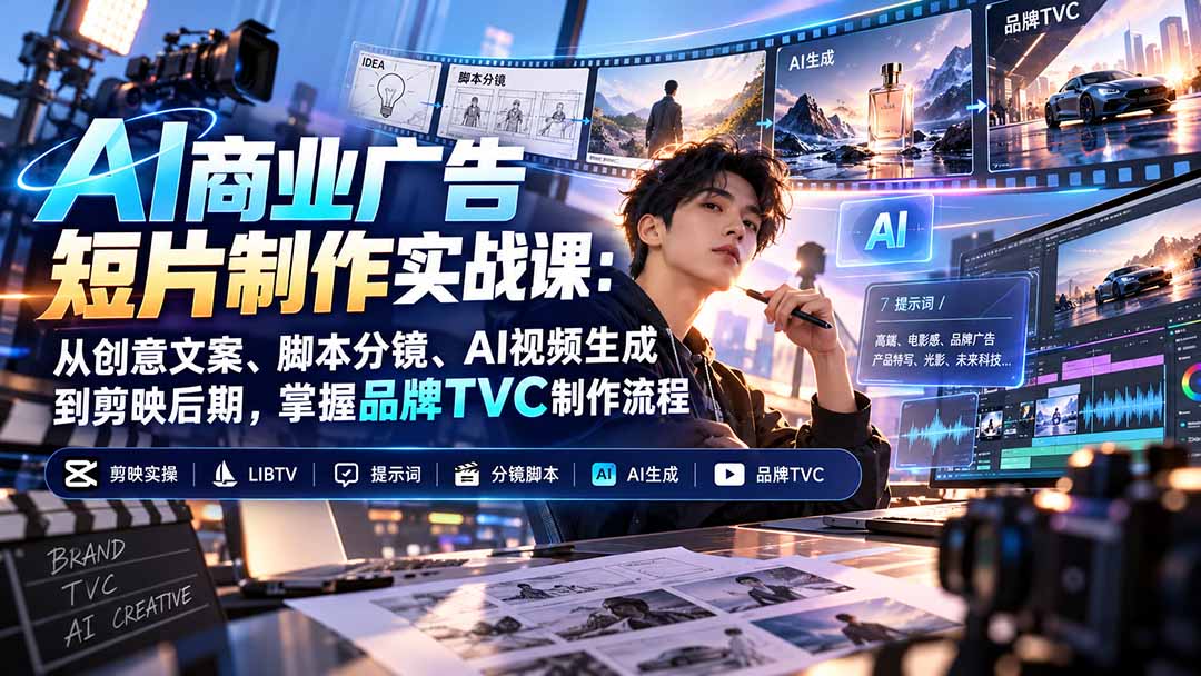 AI商业广告短片制作实战课：从创意文案、脚本分镜、AI视频生成到剪映后期，掌握品牌TVC制作流程-卿云社
