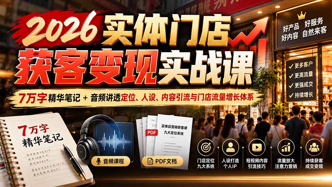 2026实体门店获客变现实战课：7万字精华笔记+音频讲透定位、人设、内容引流与门店流量增长体系-卿云社