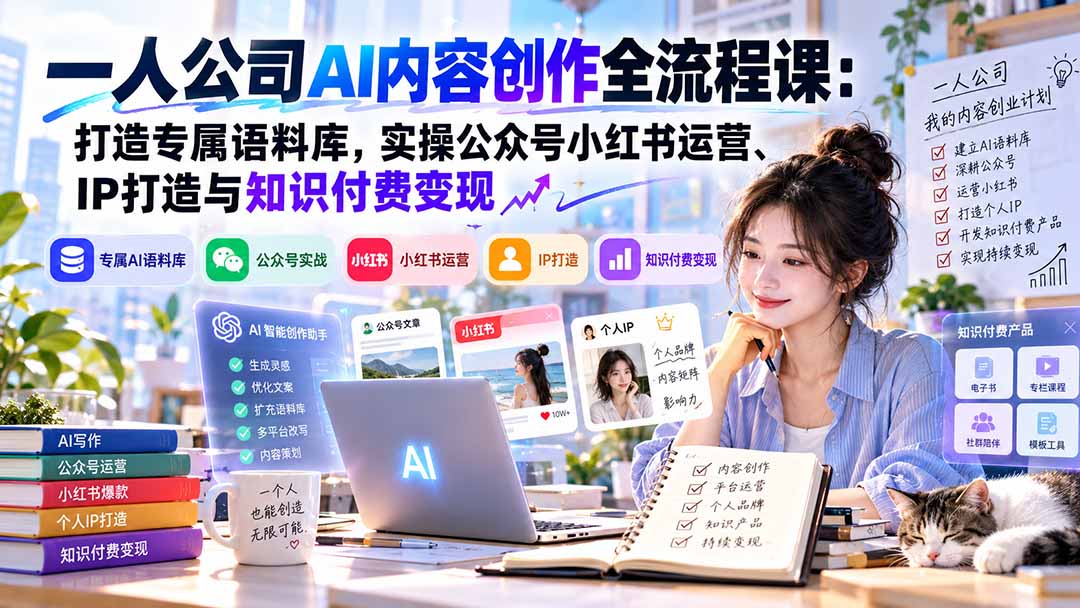 一人公司AI内容创作全流程课:打造专属语料库,实操公众号小红书运营、IP打造与知识付费变现方法论-卿云社