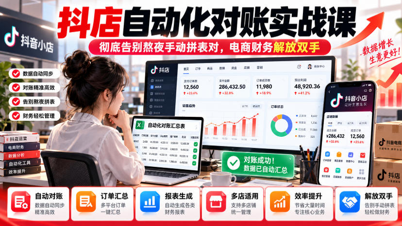 抖店自动化对账实战课，彻底告别熬夜手动拼表对，账电商财务解放双手-卿云社