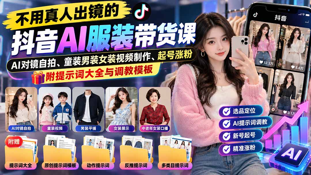 不用真人出镜的抖音AI服装带货课：AI对镜自拍、童装男装女装视频制作、起号涨粉，附提示词大全与调教模板-卿云社