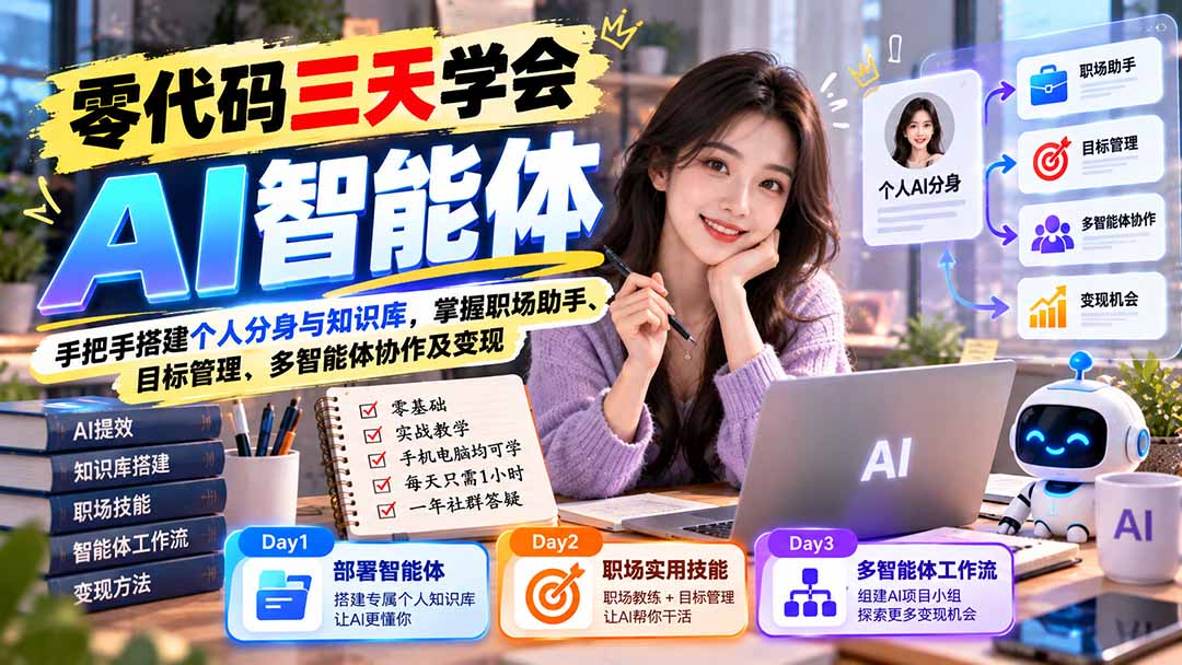 【无水印】零代码三天学会AI智能体：手把手搭建个人分身与知识库，掌握职场助手、目标管理、多智能体协作及变现-卿云社