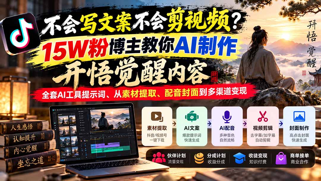 不会写文案不会剪视频？15W粉博主教你AI制作开悟觉醒内容，全套AI工具提示词、从素材提取、配音封面到多渠道变现-卿云社