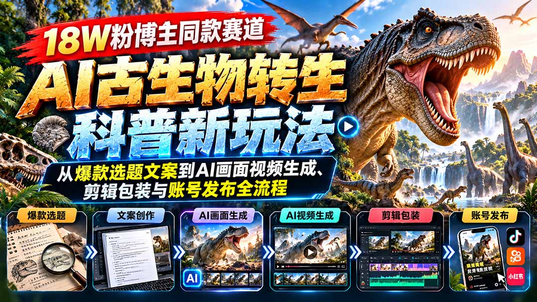 18W粉博主同款赛道-AI古生物转生科普新玩法:从爆款选题文案到AI画面视频生成、剪辑包装与账号发布全流程-卿云社