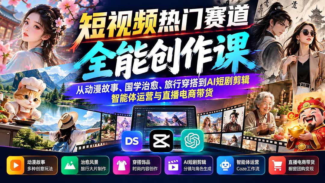 短视频热门赛道全能创作课：从动漫故事、国学治愈、旅行穿搭到AI短剧剪辑、智能体运营与直播电商带货-卿云社