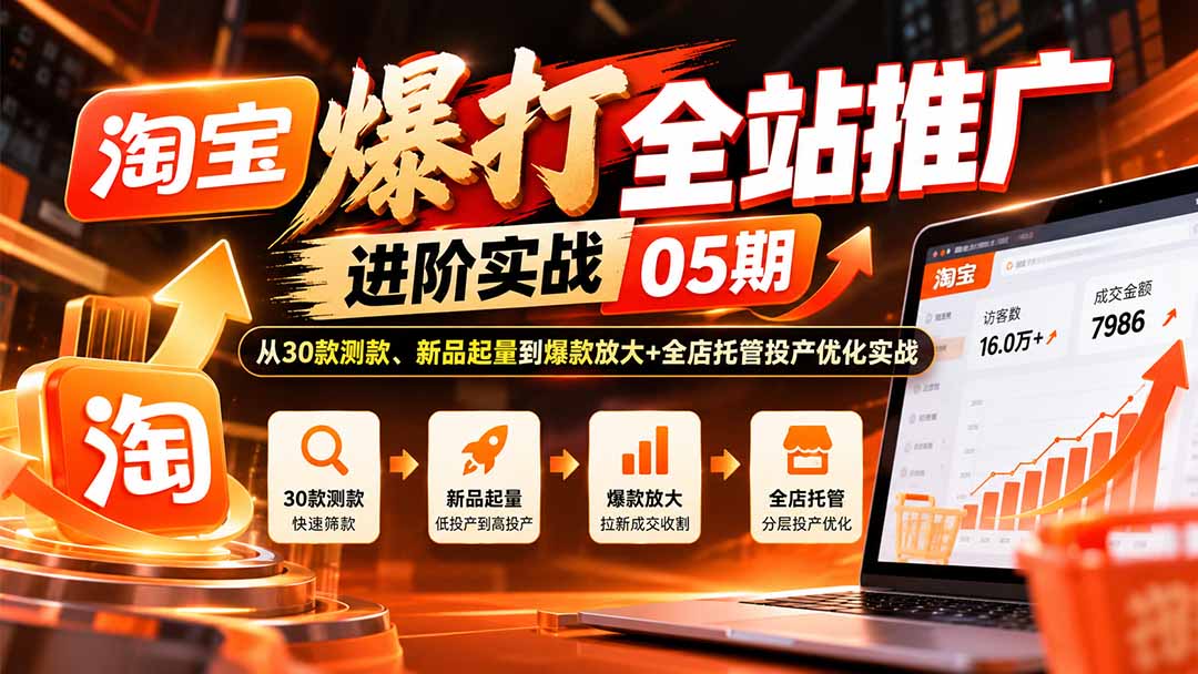 淘宝爆打全站推广进阶实战05期：从30款测款、新品起量到爆款放大+全店托管投产优化实战-卿云社