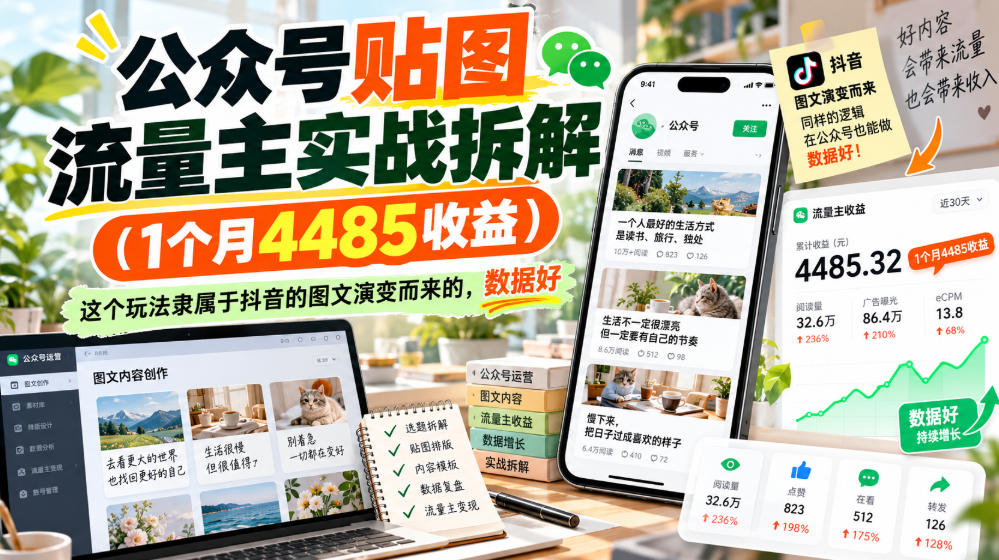 公众号贴图流量主实战拆解(1个月4485收益)，这个玩法隶属于抖音的图文演变而来的，数据好-卿云社