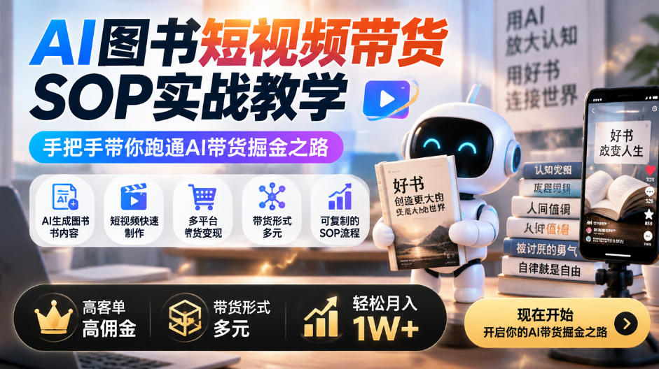 AI图书短视频带货SOP实战教学,手把手带你跑通AI带货掘金之路,高客单高佣金,带货形式多元,轻松月入1W+-卿云社