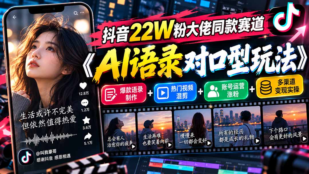抖音22W粉大佬同款赛道《AI语录对口型玩法》:爆款语录制作+热门视频混剪+账号运营涨粉+多渠道变现实操-卿云社