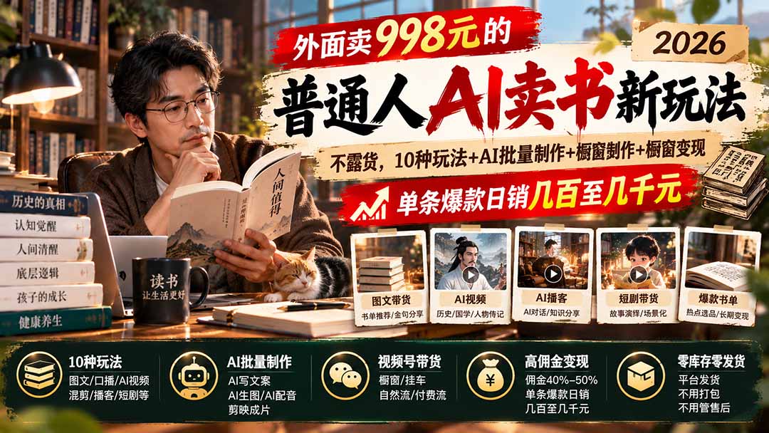 外面卖998元的2026普通人AI卖书新玩法：不露脸、不囤货，10种玩法+AI批量制作+橱窗变现，单条爆款日销几百至几千元-卿云社