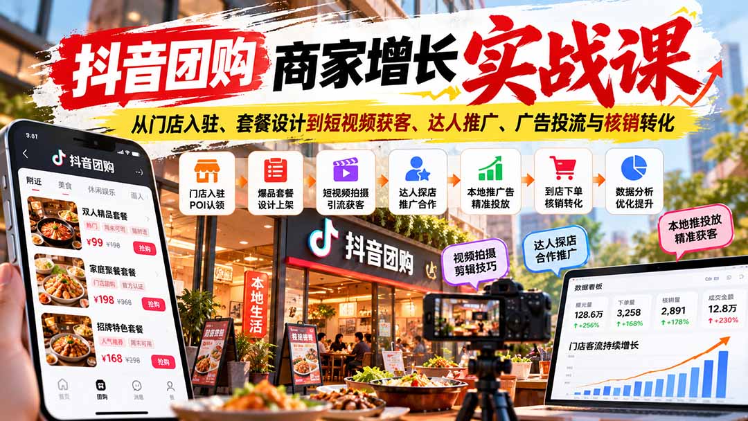 抖音团购商家增长实战课：从门店入驻、套餐设计到短视频获客、达人推广、广告投流与核销转化-卿云社
