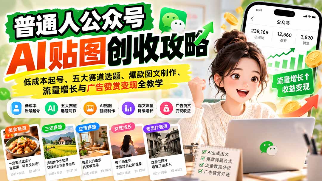 普通人公众号AI贴图创收攻略:低成本起号、五大赛道选题、爆款图文制作、流量增长与广告赞赏变现全教学-卿云社