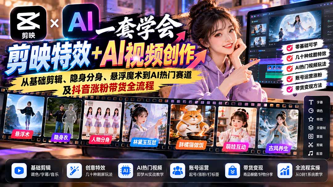 一套学会剪映特效+AI视频创作:从基础剪辑、隐身分身、悬浮魔术到AI热门赛道及抖音涨粉带货全流程-卿云社