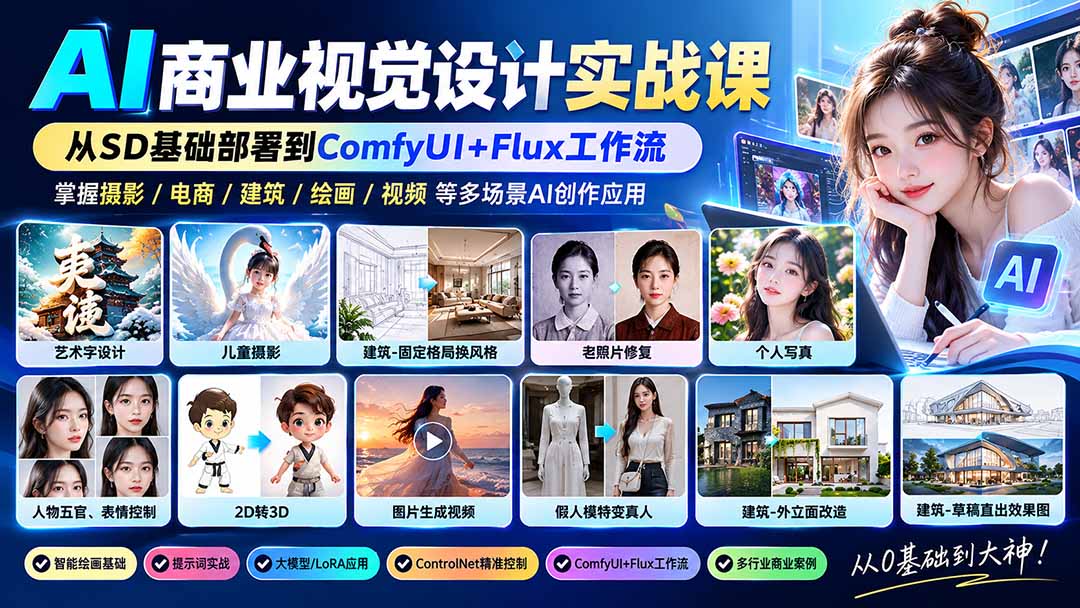 【无水印】AI商业视觉设计实战课:从SD基础部署到ComfyUI+Flux工作流,掌握摄影电商建筑AI创作-卿云社