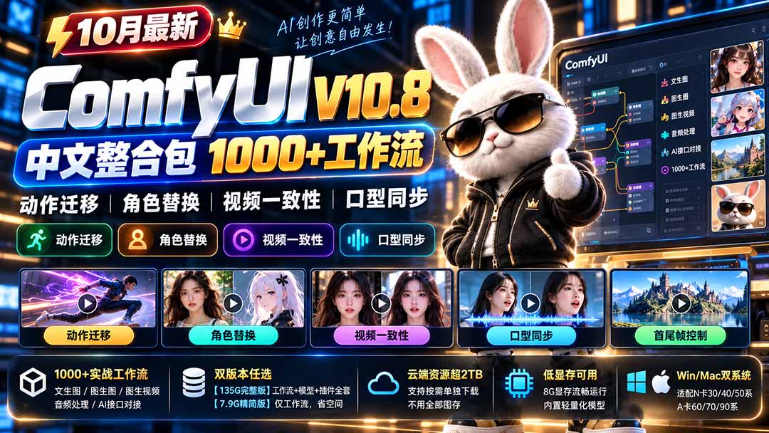 10月最新ComfyUI V10.8中文整合包 1000+工作流 动作迁移 角色替换 视频一致性 口型同步 低显存可用-卿云社