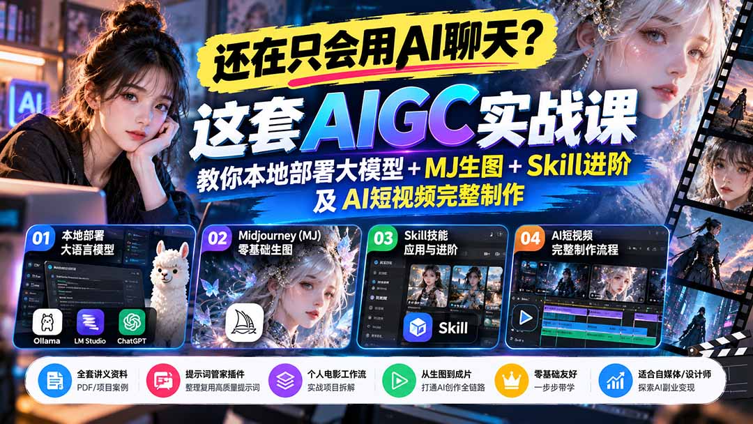 【无水印】还在只会用AI聊天?这套AIGC实战课教你本地部署大模型+MJ生图+Skill进阶及AI短视频完整制作-卿云社
