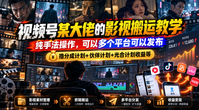 视频号某大佬的影视搬运教学,纯手法操作,可以多个平台可以发布,撸分成计划+伙伴计划+光合计划收益等-卿云社