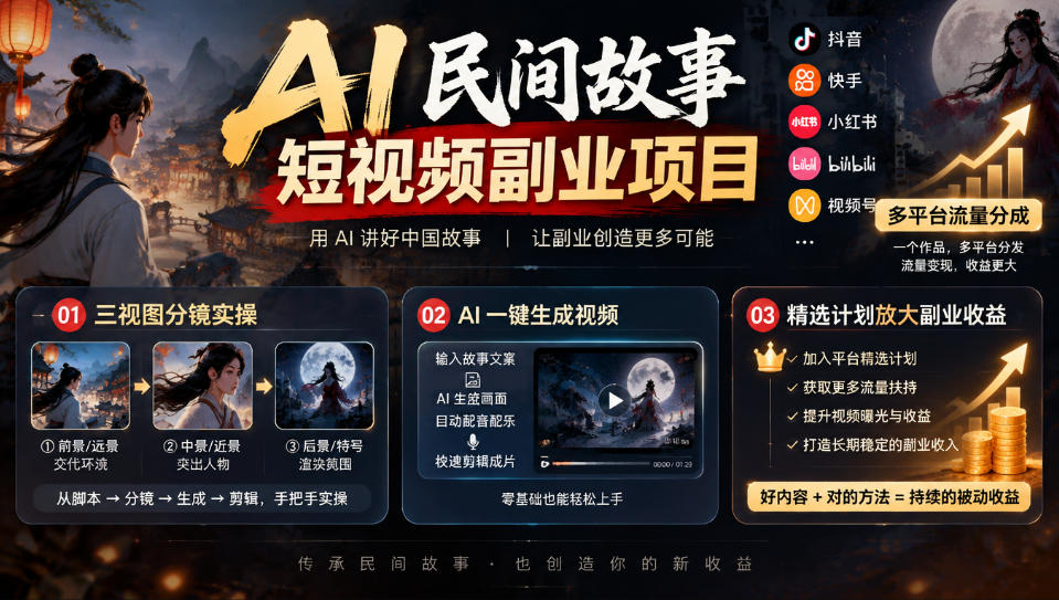 AI民间故事短视频副业项目，多平台流量分成，三视图分镜实操，精选计划放大副业收益-卿云社