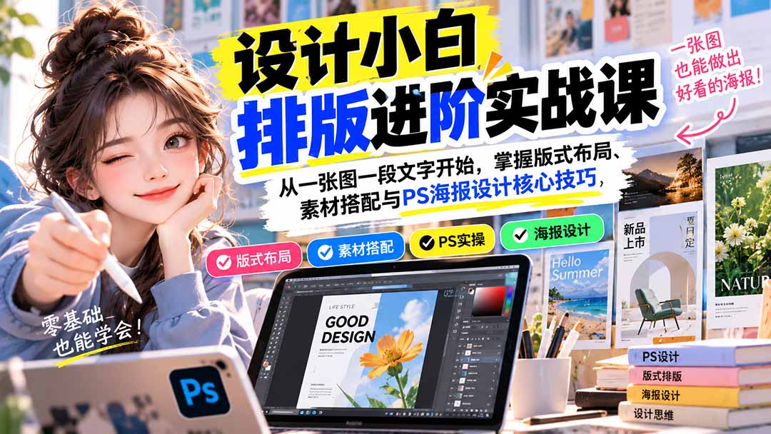 设计小白排版进阶实战课：从一张图一段文字开始，掌握版式布局、素材搭配与PS海报设计核心技巧-卿云社
