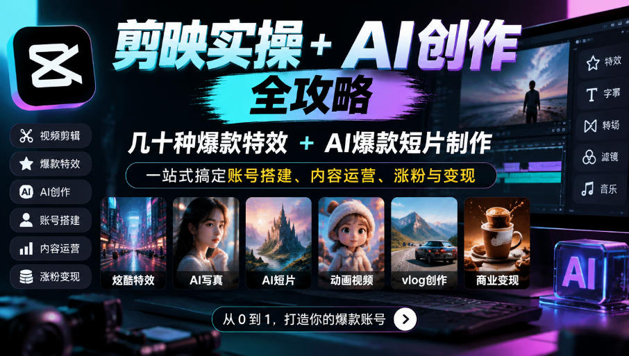 剪映实操+AI创作全攻略|几十种爆款特效+AI爆款短片制作,一站式搞定账号搭建、内容运营、涨粉与变现-卿云社