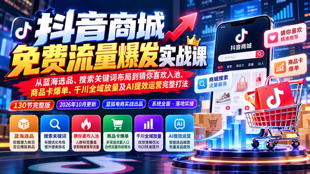 抖音商城免费流量爆发实战：从蓝海选品、搜索关键词布局到猜你喜欢入池、商品卡爆单、千川全域放量及AI提效完整打法-卿云社