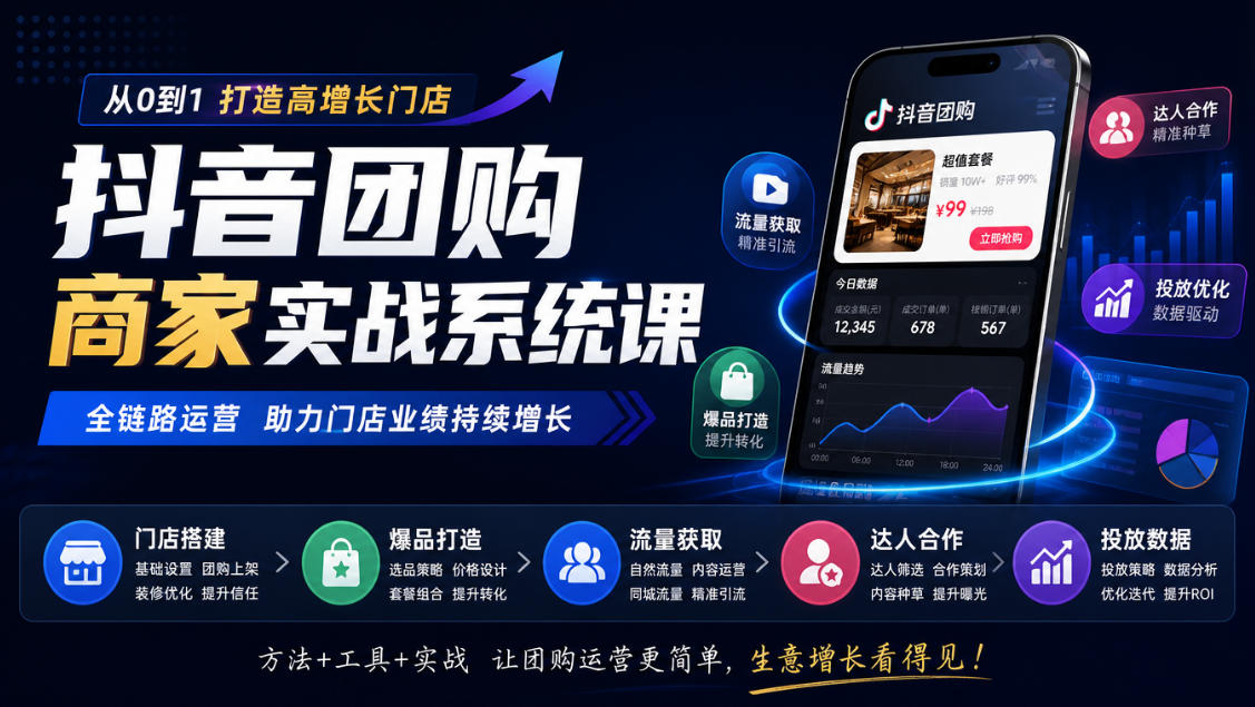 抖音团购商家实战系统课｜门店搭建、爆品打造、流量获取、达人合作、投放数据全链路运营-卿云社