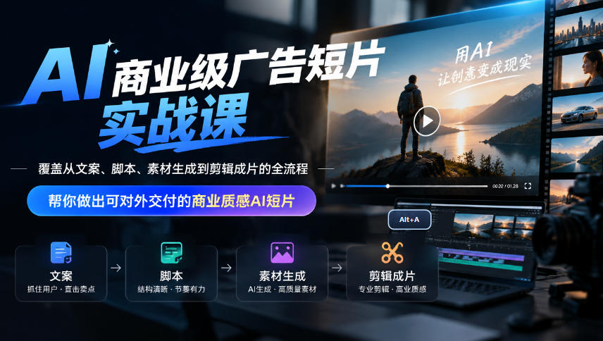 AI商业级广告短片实战课，覆盖从文案、脚本、素材生成到剪辑成片的全流程，帮你做出可对外交付的商业质感AI短片-卿云社