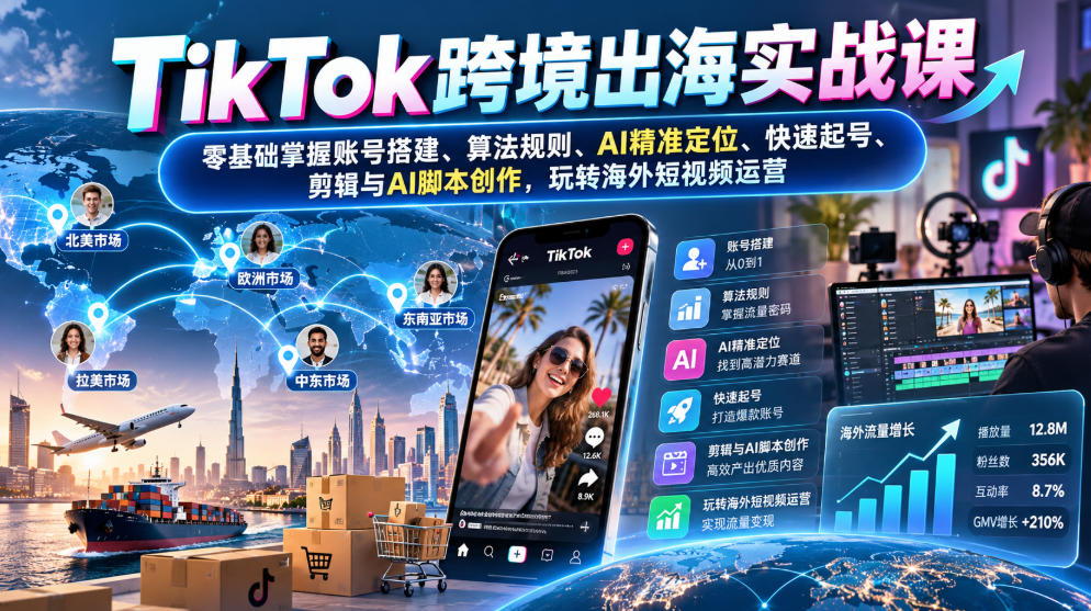 TikTok跨境出海实战课:零基础掌握账号搭建、算法规则、AI精准定位、快速起号、剪辑与AI脚本创作,玩转海外短视频运营-卿云社