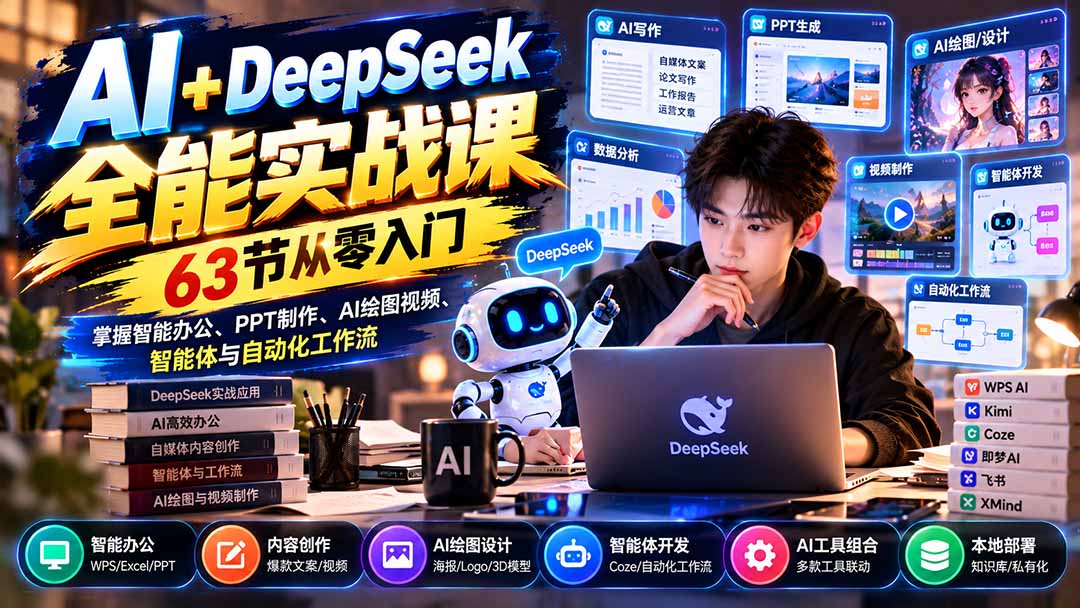 AI+DeepSeek全能实战课：63节从零入门，掌握智能办公、PPT制作、AI绘图视频、智能体与自动化工作流-卿云社