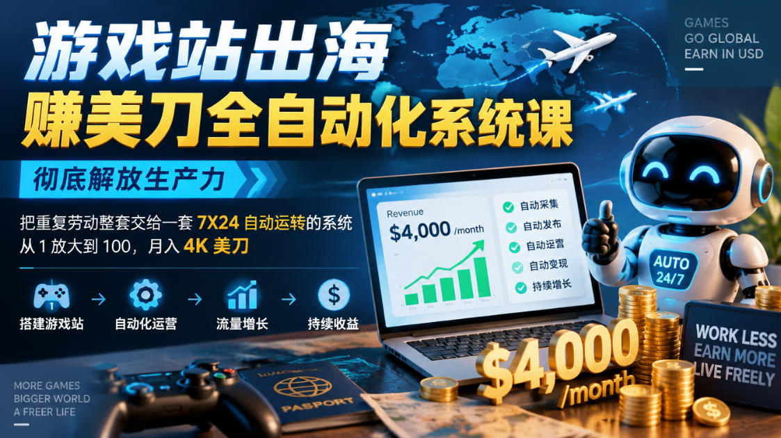 游戏站出海賺美刀全自动化系统课，彻底解放生产力–把重复劳动整套交给一套7X24自动运转的系统，从1放大到100，月入4K美刀-卿云社