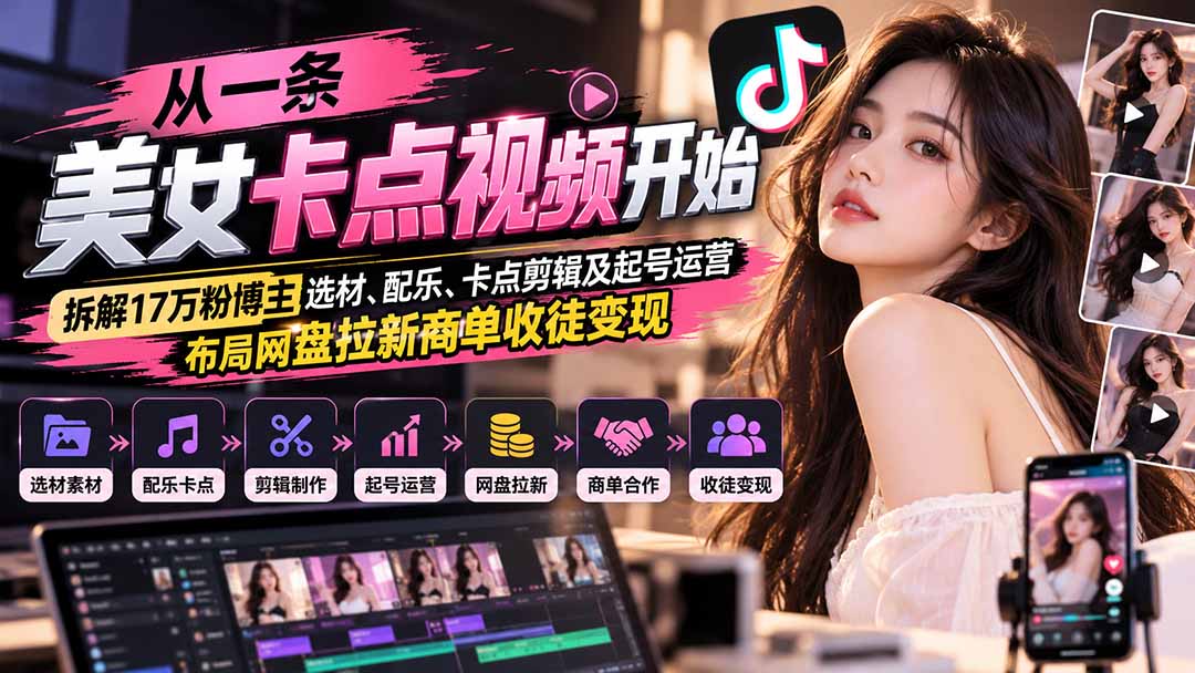 从一条美女卡点视频开始:拆解17万粉博主选材、配乐、卡点剪辑及起号运营,布局网盘拉新商单收徒变现-卿云社