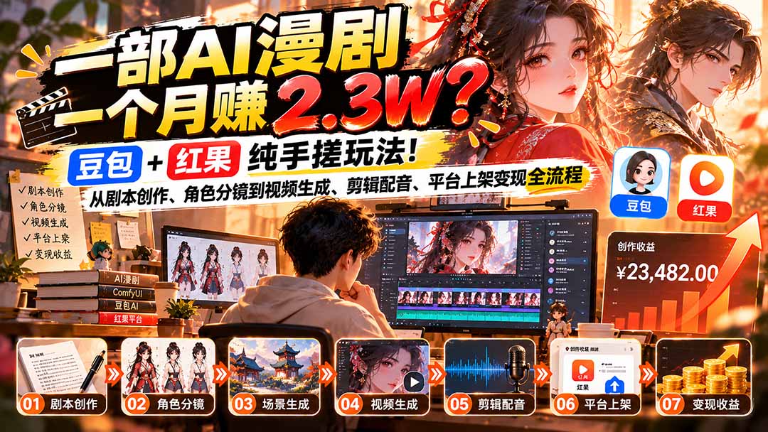 一部AI漫剧一个月赚2.3W?豆包+红果纯手搓玩法!从剧本创作、角色分镜到视频生成、剪辑配音、平台上架变现全流程-卿云社