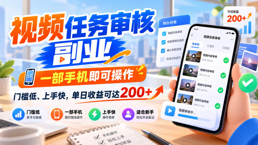 视频任务审核副业,一部手机即可操作,门槛低、上手快,单日收益可达200+【揭秘】-卿云社