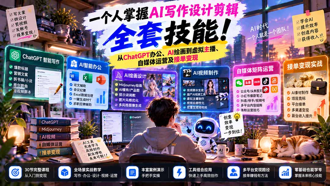 一个人掌握AI写作设计剪辑全套技能：从ChatGPT办公、AI绘画到虚拟主播、自媒体运营及接单变现-卿云社