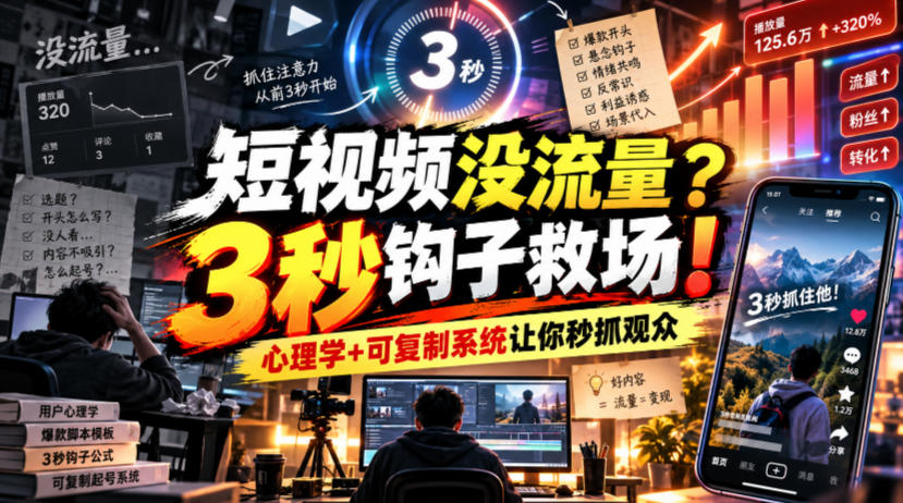 【无水印】短视频没流量?3秒钩子救场!心理学+可复制系统让你秒抓观众【原创双语字幕】-卿云社