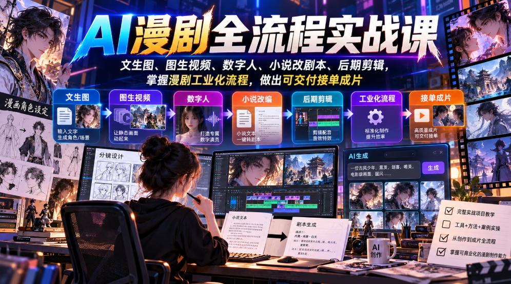 AI漫剧全流程实战课,文生图、图生视频、数字人、小说改剧本、后期剪辑,掌握漫剧工业化流程,做出可交付接单成片-卿云社
