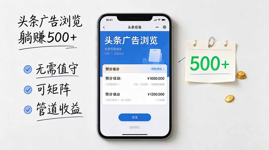 头条广告浏览躺赚500+无需值守，可矩阵并附有管道收益-卿云社