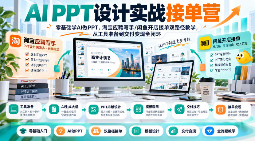AI PPT设计实战接单营｜零基础学AI做PPT，淘宝应聘写手/闲鱼开店接单双路径教学，从工具准备到交付变现全闭环-卿云社