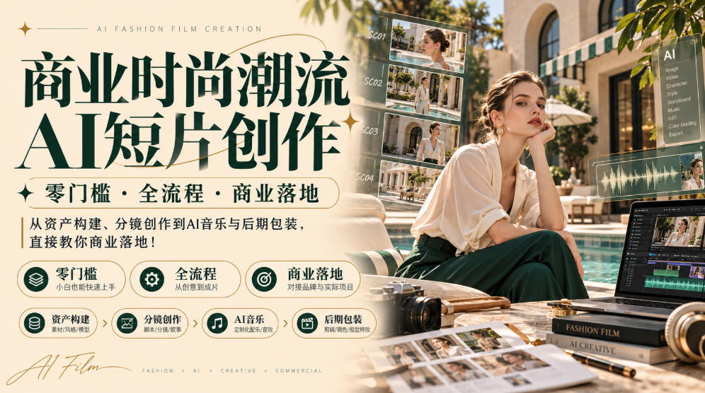 商业时尚潮流AI短片创作|零门槛・全流程・商业落地,从资产构建、分镜创作到AI音乐与后期包装,直接教你商业落地!-卿云社