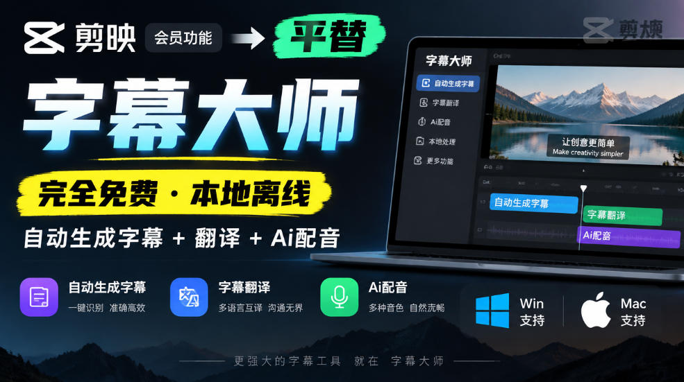 剪映会员功能平替，字幕大师完全免费本地离线，支持自动生成字幕+翻译+Ai配音，Win和Mac都支持！-卿云社