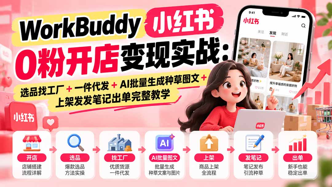 WorkBuddy小红书0粉开店变现实战:选品找工厂+一件代发+AI批量生成种草图文+上架发发笔记出单完整教学-卿云社