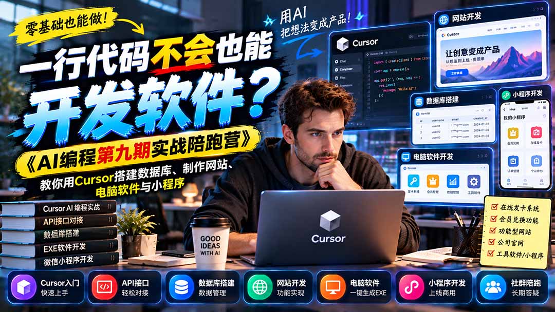 一行代码不会也能开发软件？《AI编程第九期实战陪跑营》教你用Cursor搭建数据库、制作网站、电脑软件与小程序-卿云社