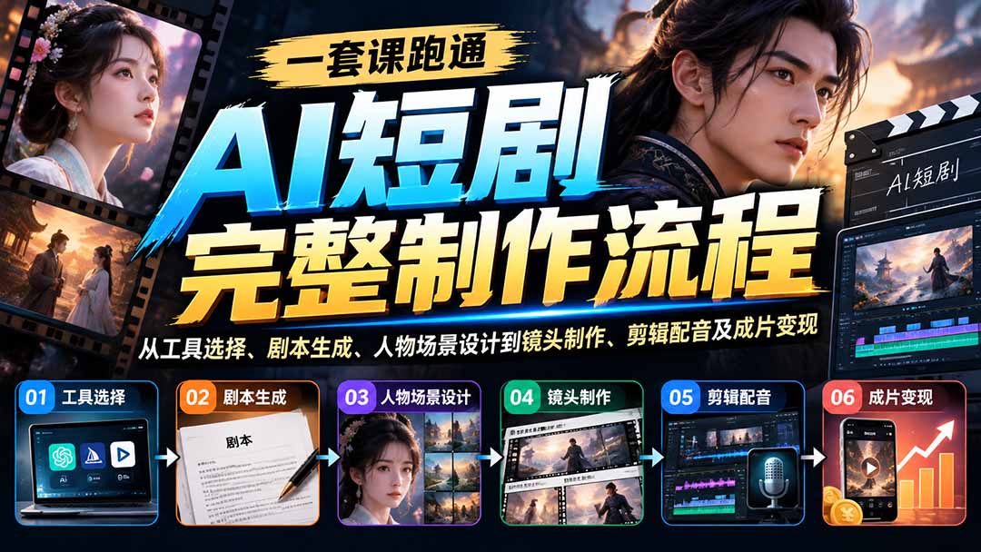 一套课跑通AI短剧完整制作流程：从工具选择、剧本生成、人物场景设计到镜头制作、剪辑配音及成片变现-卿云社