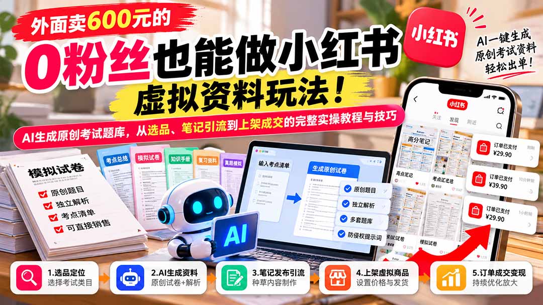 外面卖600元的 零粉丝也能做小红书虚拟资料玩法！AI生成原创考试题库，从选品、笔记引流到上架成交的完整实操教程-卿云社