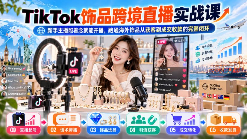 TikTok饰品跨境直播实战课，新手主播照着念就能开播，跑通海外饰品从获客到成交收款的完整闭环-卿云社