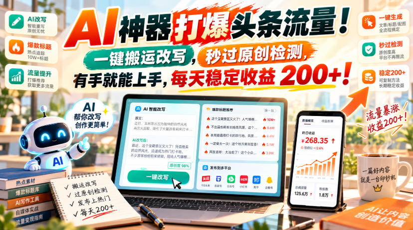 AI神器打爆头条流量，一键搬运改写，秒过原创检测，有手就能上手，每天稳定收益200+！【揭秘】-卿云社