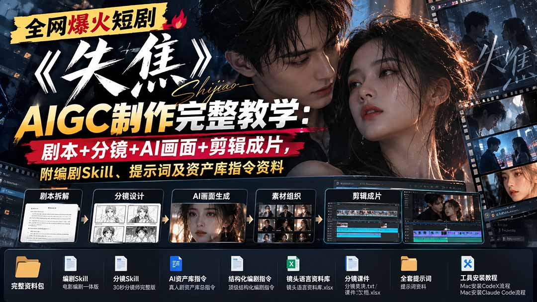全网爆火短剧《失焦》AIGC制作完整教学:剧本+分镜+AI画面+剪辑成片,附编剧Skill、提示词及资产库指令资料-卿云社